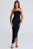 black gathered stretch mesh maxi dress
