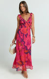 Alessa Midi Dress V Neck Frill Detail Empire Waist Back Cut Out Dress in Adeana Print