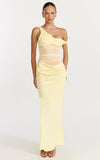 Elias Maxi Dress Twisted One Shoulder Cowl Dropped Waist Dress in Lemon