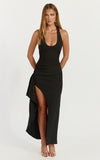 Lani Midi Dress Scooped Neckline Draped Skirt Halter Dress in Black