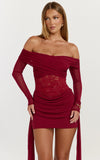 Vesper Mini Dress Contrast Lace Bodice Long Sleeve Dress in Wine