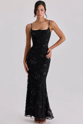 black hand beaded embellished corset maxi dress limited edition