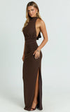 Francis Maxi Dress Halter Ruched Backless Dress in Dark Chocolate