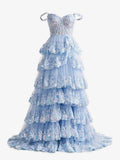 Blue Crystal Sequins Princess A Line Off the Shoulder Prom Dress with Lace Ruffles