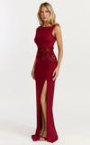 Alberta Maxi Dress Spliced Sheer Lace Column Dress in Wine