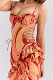sunset swirl print ruffle cut out maxi dress