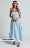 Brette Midi Dress Linen Straight Neck Strappy Fit And Flare Dress in Blue