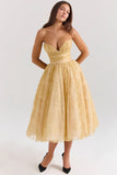 gold metallic lace tulle midi gown