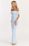 Caterina Maxi Ruched Off Shoulder Mesh Dress in Pale Blue