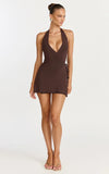 Callista Mini Dress Knit Halter Neck Wrap Dress in Chocolate