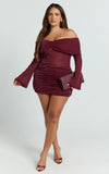 Rumi Mini Dress Glitter Tulle Off Shoulder Ruched Dress in Wine