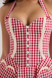 red gingham cotton halter neck mini dress