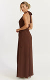 Eva Maxi Dress Plunge Halter Wrap Dress in Chocolate