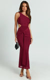 Mandy Midi Dress Knot Detail Cut Out Mesh Dress in Wine