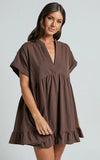 Calissa Mini Dress Frill Hem Smock Dress in Chocolate