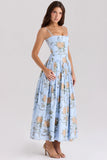 blue vintage rose print cotton midi sundress