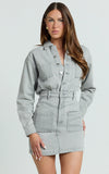 Kamala Mini Dress Long Sleeve Button Through Denim Dress in Grey