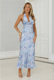 Dreamy Bloom Halter Cowl Maxi Dress Blue