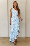 Gentle Petals One Shoulder Maxi Dress Blue