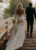 Long Lartern Sleeve Mermaid V Neck Backless Lace Bohemian Wedding Dresses