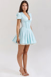 delicate blue satin pleated mini dress