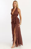 Eleonor Maxi Dress Plunge Halter Tiered Ruffle Front Split Dress in Chocolate