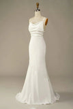 Simple Spaghetti Straps Long Soft Satin Ivory Mermaid Beach Wedding Dresses
