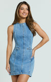 Olenna Mini Dress High Neck Fitted Denim Dress in Mid Blue Wash