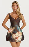 Onyx Mini Dress Off Shoulder Bustier Floral Print Dress in Onyx Floral Print