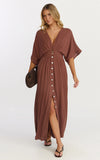 Sitting Pretty Maxi Dress Short Sleeve Button Down Dress in Chocolate
