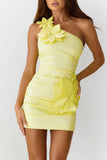 Sun Soaked Flower One Shoulder Mini Dress Yellow