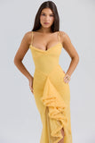 apricot ruffled front gown