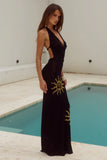 YASMINA PLUNGE COWL KNIT MAXI DRESS BLACK