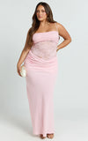 Rania Maxi Dress Contrast Lace Bodice Bias Cowl Drop Waist Dress in Pink