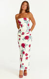 Dahlia Midi Dress Strapless Draped Cowl Waist Fitted Dress in Scarlet Rose Print