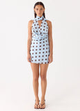 Get Me Halter Mini Dress Blue Mocha Dot