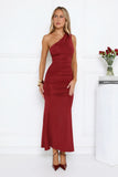 Alluring Ruched One Shoulder Maxi Dress Burgundy