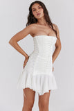 white strapless lace up mini dress