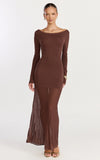 Delphine Maxi Dress Long Sleeve Knit Sheer Pleated Skirt Maxi Dress in Chocolate