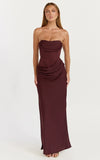 Phoebe Maxi Dress Strapless Structured Bodice Drape Skirt Dress in Plum