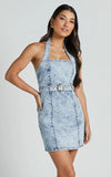 Izolda Mini Dress Halter Neck Belted Bodycon Denim Dress in Light Blue Acid Wash