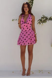 IMALI HALTER COWL MINI DRESS MUSK CHOC POLKA