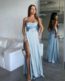 A Line Cowl Neck Blue Silk Satin Bridesmaid Dresses with Slit