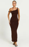 Isabel Midi Dress Twist Off Shoulder Bodycon Dress in Chocolate
