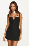Odette Mini Dress Plunge V Neck A Line Dress in Black
