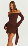 Noah Mini Dress Off Shoulder Draped Skirt Jersey Dress in Chocolate