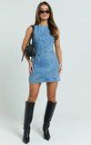 Olenna Mini Dress High Neck Fitted Denim Dress in Mid Blue Wash