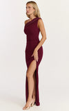 Helen Maxi Dress One Shoulder Draped Fitted Dress in Wine