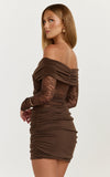 Juliet Mini Dress Off Shoulder Lace Contrast Bodycon Dress in Choc