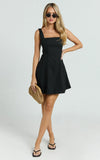 Adiana Mini Dress Linen Square Neck Shirred Back A Line Dress in Black